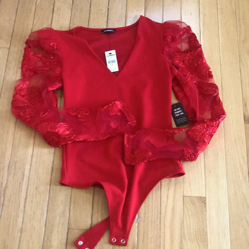 Christmas red red lace embroidered body suit new with tags